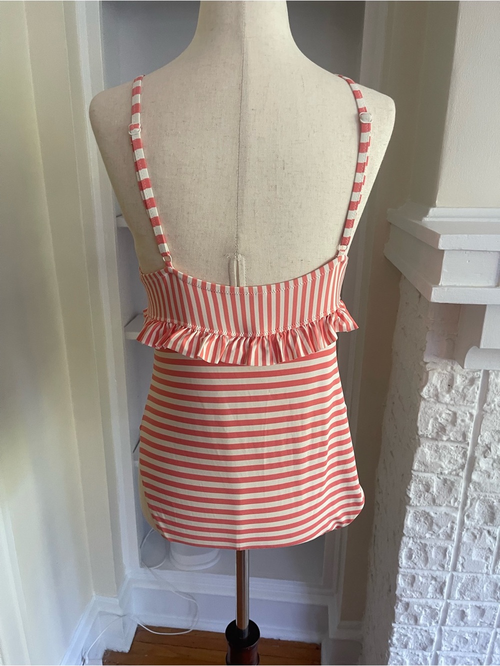 J. Crew, Size 14, Pink and White Striped Ruffle One-Piece Swimsuit - Picture 2 of 8